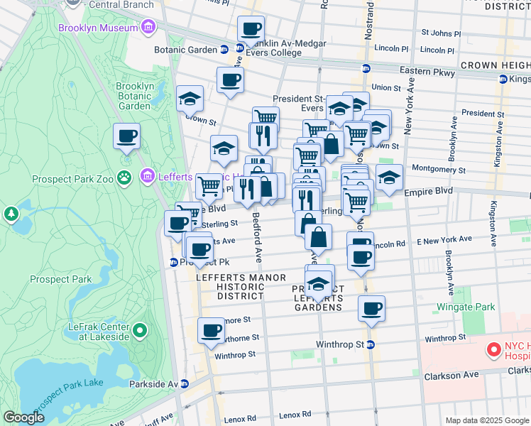 map of restaurants, bars, coffee shops, grocery stores, and more near 172 Empire Boulevard in Brooklyn