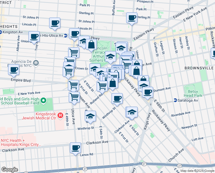 map of restaurants, bars, coffee shops, grocery stores, and more near 80 East 95th Street in Brooklyn