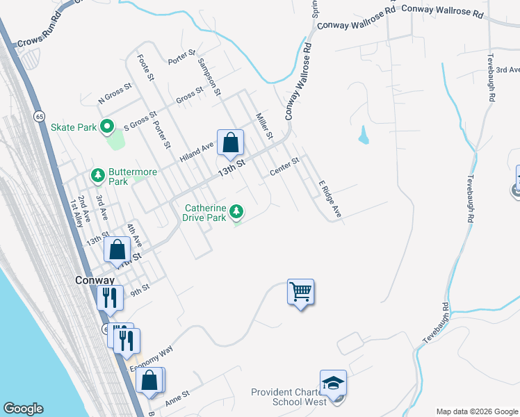 map of restaurants, bars, coffee shops, grocery stores, and more near 1005 Dewey Street in Conway
