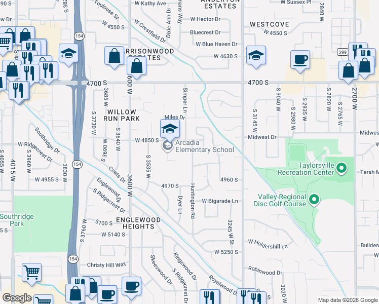 map of restaurants, bars, coffee shops, grocery stores, and more near 4884 Huntington Road in Salt Lake City