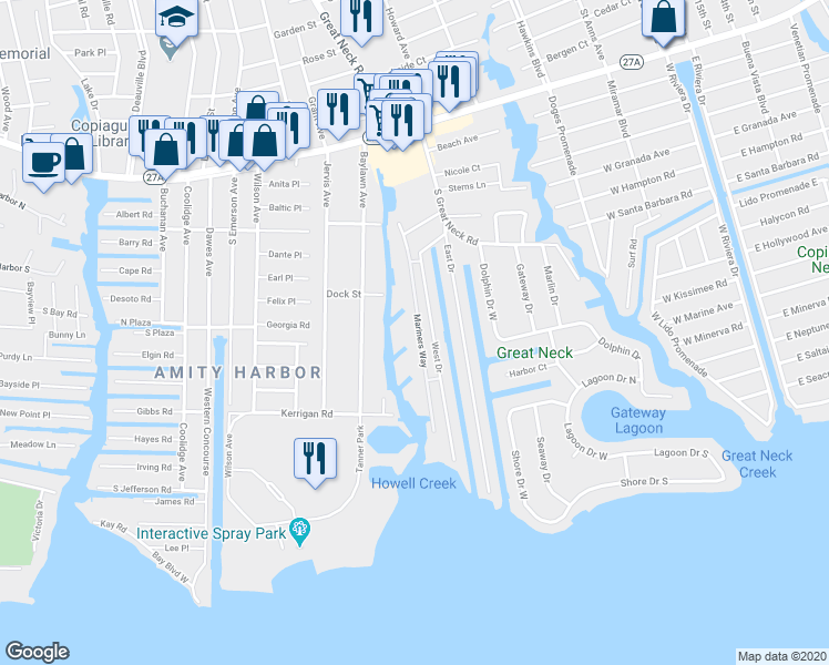 map of restaurants, bars, coffee shops, grocery stores, and more near 330 Mariners Way in Copiague