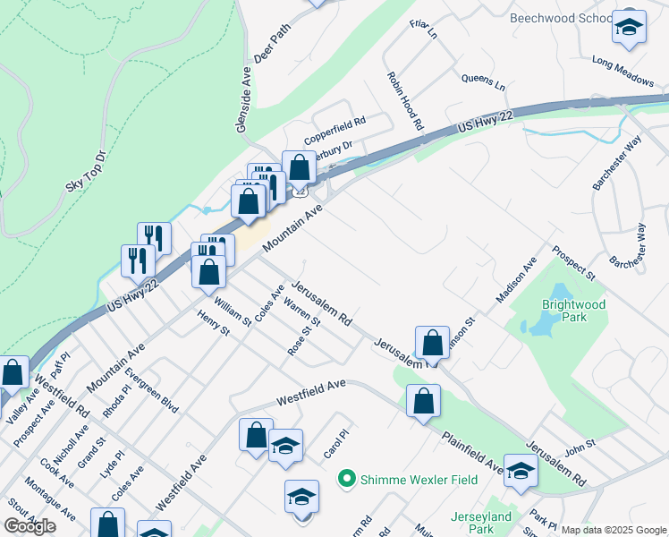 map of restaurants, bars, coffee shops, grocery stores, and more near 357 Acacia Road in Scotch Plains