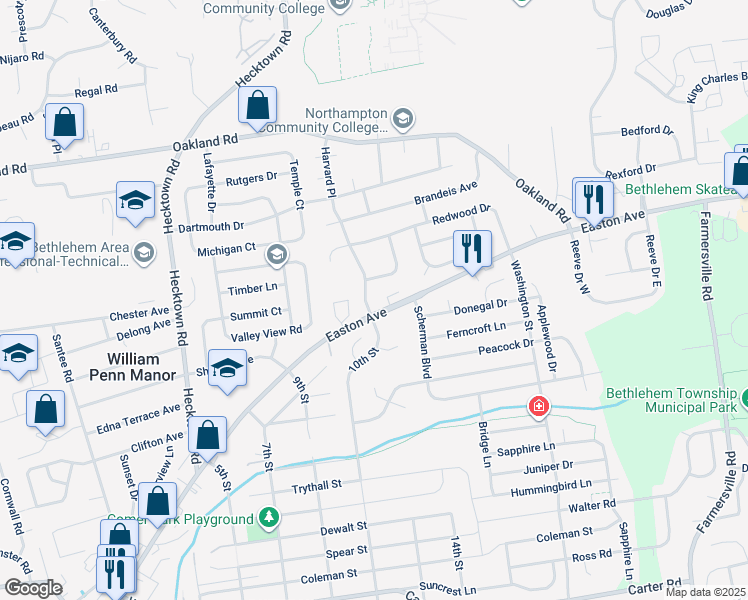 map of restaurants, bars, coffee shops, grocery stores, and more near 3253 Harvard Place in Bethlehem