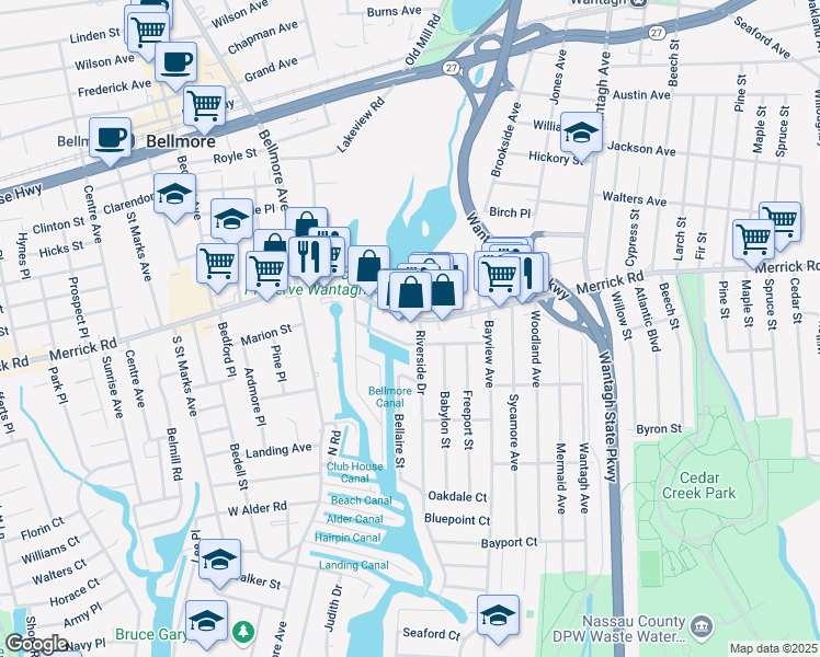 map of restaurants, bars, coffee shops, grocery stores, and more near in Wantagh