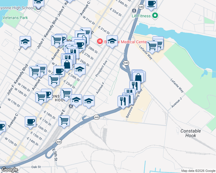 map of restaurants, bars, coffee shops, grocery stores, and more near 2 Packard Street in Bayonne