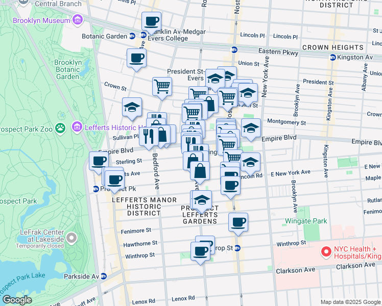 map of restaurants, bars, coffee shops, grocery stores, and more near 394 Rogers Avenue in Brooklyn