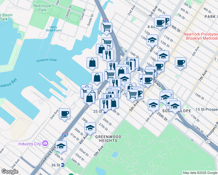 map of restaurants, bars, coffee shops, grocery stores, and more near 139 22nd Street in Brooklyn