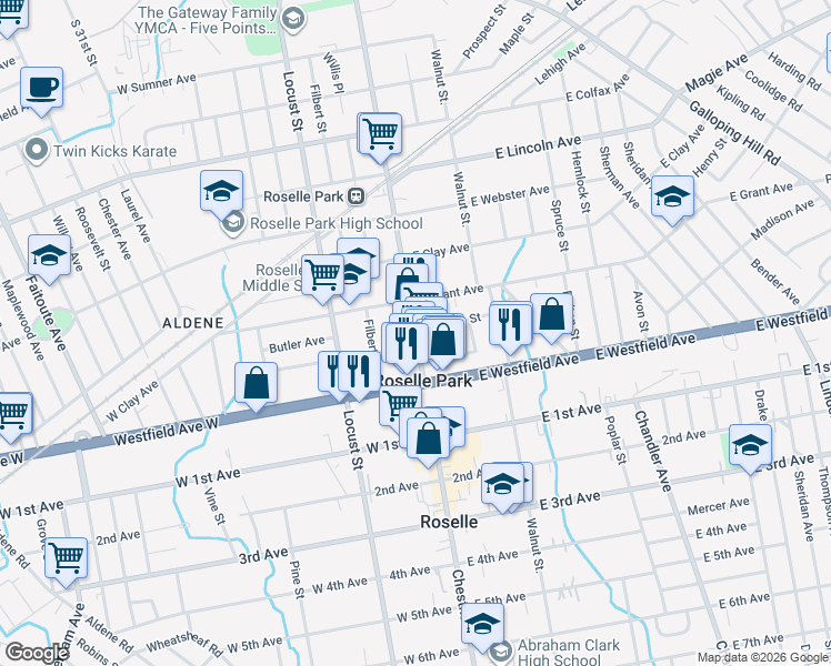 map of restaurants, bars, coffee shops, grocery stores, and more near Chestnut St & Charles St in Roselle Park