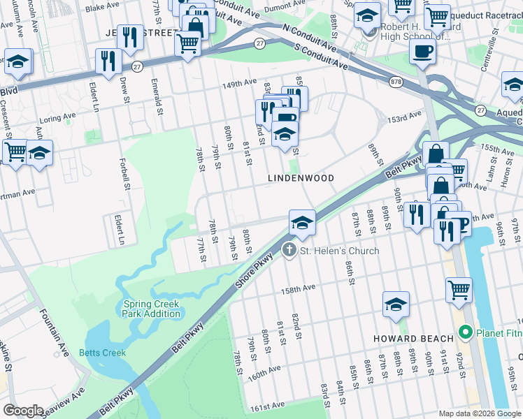map of restaurants, bars, coffee shops, grocery stores, and more near 15532 81st Street in Queens