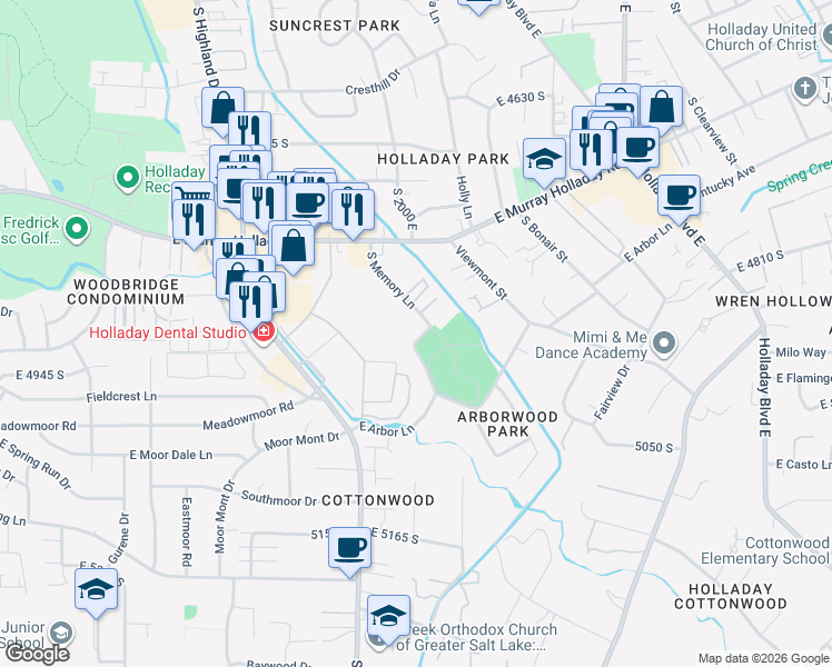 map of restaurants, bars, coffee shops, grocery stores, and more near 4890 South Memory Lane in Holladay
