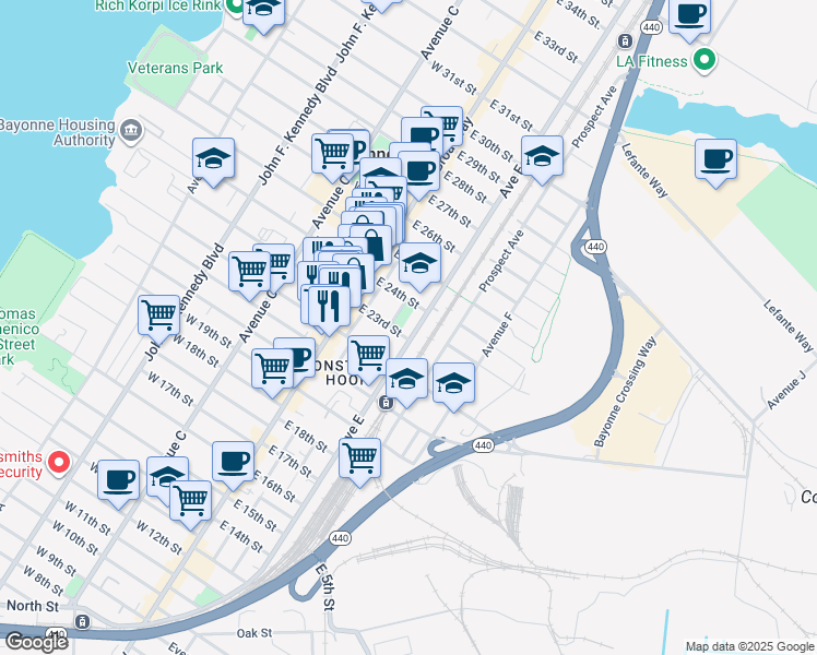 map of restaurants, bars, coffee shops, grocery stores, and more near 2 Gregg Lane in Bayonne