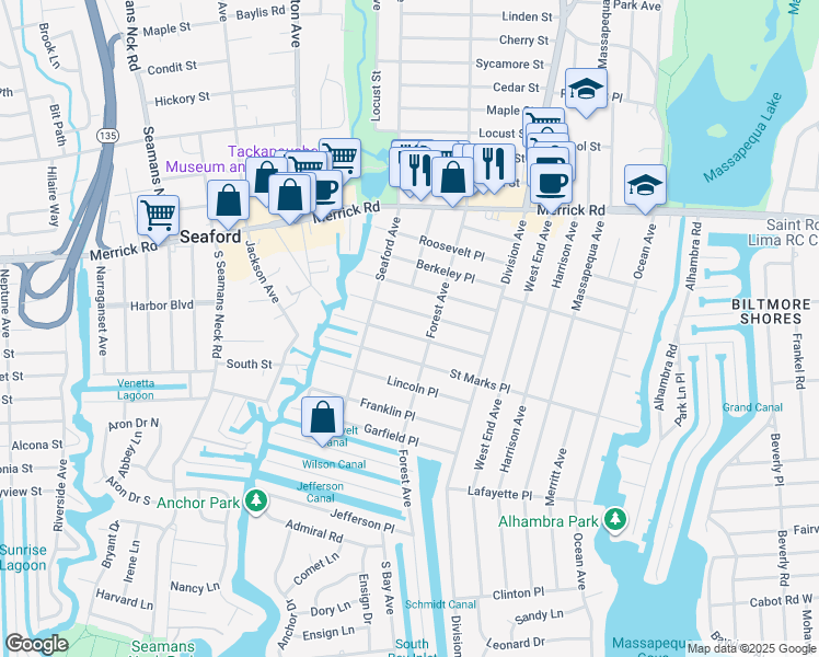 map of restaurants, bars, coffee shops, grocery stores, and more near 51 Harrison Place in Massapequa