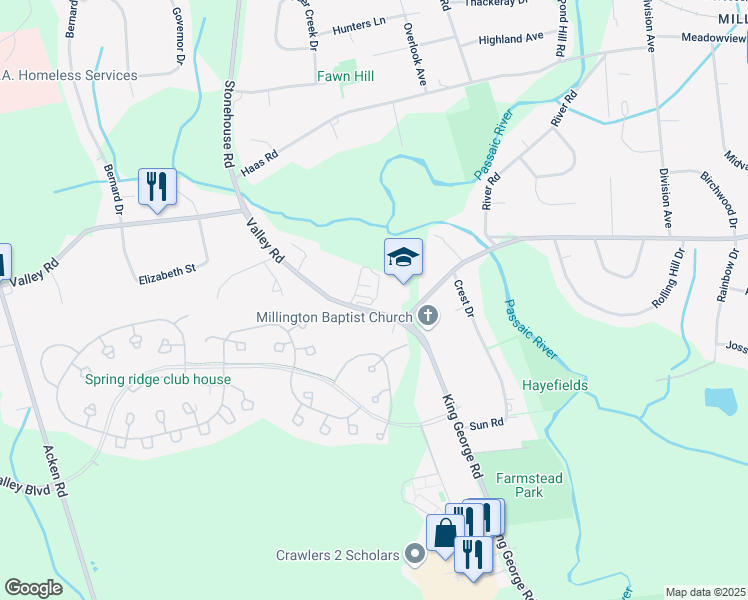 map of restaurants, bars, coffee shops, grocery stores, and more near 3066 Valley Road in Bernards