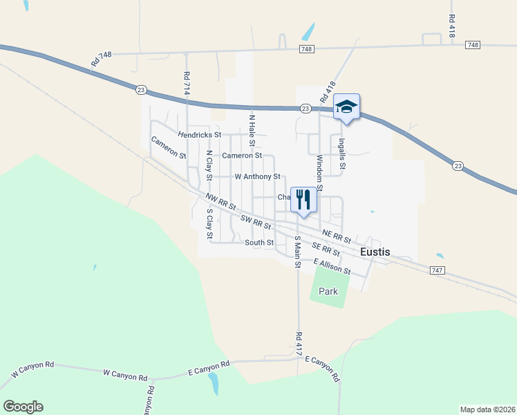 map of restaurants, bars, coffee shops, grocery stores, and more near 101-299 North Hale Street in Eustis