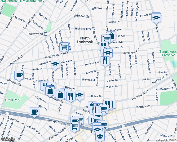map of restaurants, bars, coffee shops, grocery stores, and more near 67 Smith Street in Lynbrook
