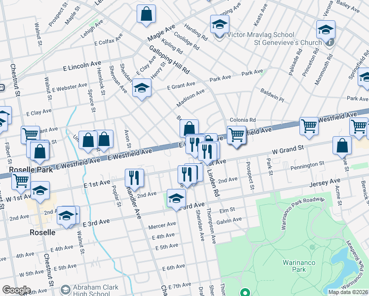 map of restaurants, bars, coffee shops, grocery stores, and more near 386 East Westfield Avenue in Roselle Park