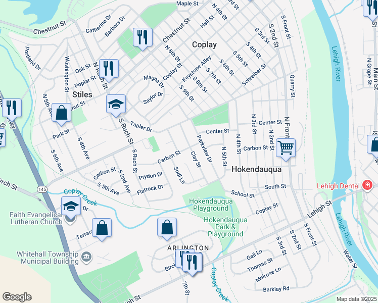 map of restaurants, bars, coffee shops, grocery stores, and more near 3129 Clay Street in Whitehall