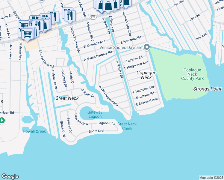 map of restaurants, bars, coffee shops, grocery stores, and more near 46 West Minerva Road in Lindenhurst