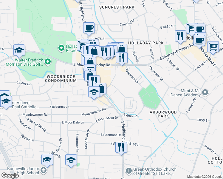 map of restaurants, bars, coffee shops, grocery stores, and more near 1916 East Rodeo Walk Drive in Holladay