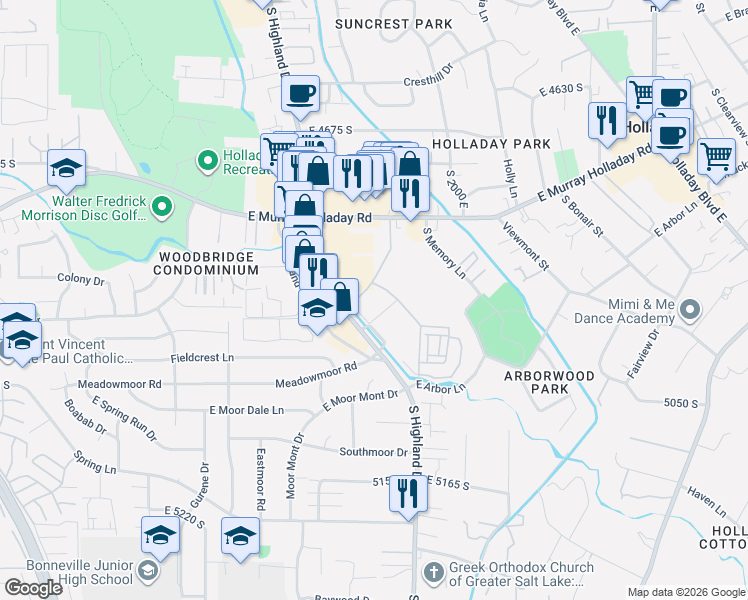 map of restaurants, bars, coffee shops, grocery stores, and more near 1916 East Rodeo Walk Drive in Holladay