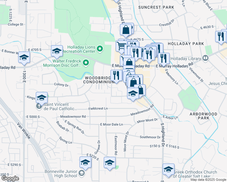 map of restaurants, bars, coffee shops, grocery stores, and more near 4874 Highland Circle in Holladay