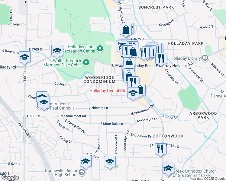 map of restaurants, bars, coffee shops, grocery stores, and more near 4874 Highland Circle in Holladay