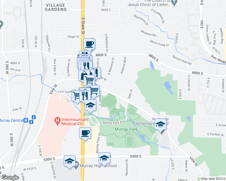 map of restaurants, bars, coffee shops, grocery stores, and more near 4974 Atwood Boulevard in Murray