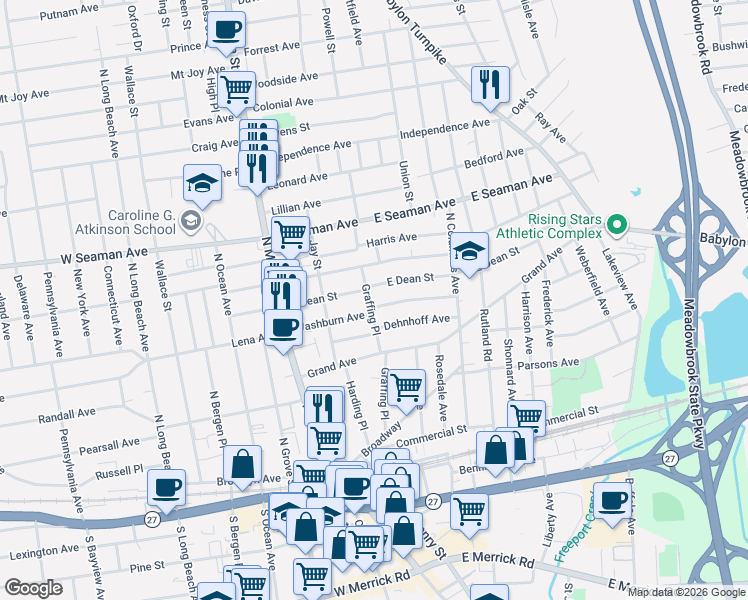 map of restaurants, bars, coffee shops, grocery stores, and more near 71 East Dean Street in Freeport