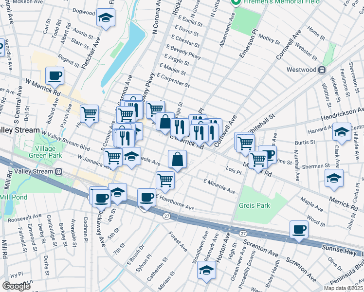 map of restaurants, bars, coffee shops, grocery stores, and more near 133 East Merrick Road in Valley Stream