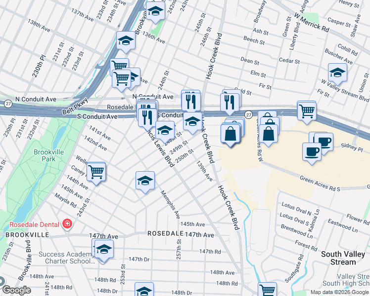map of restaurants, bars, coffee shops, grocery stores, and more near 249-03 139th Avenue in Queens