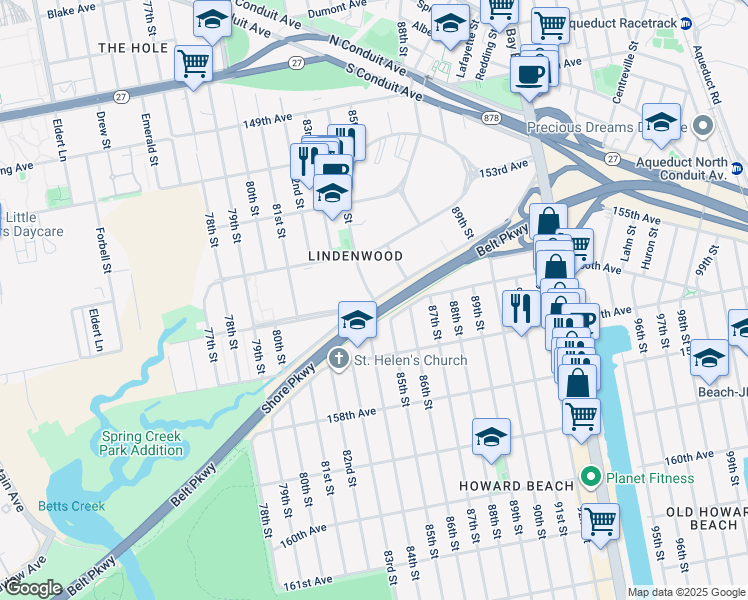 map of restaurants, bars, coffee shops, grocery stores, and more near 155-46 84th Street in Queens