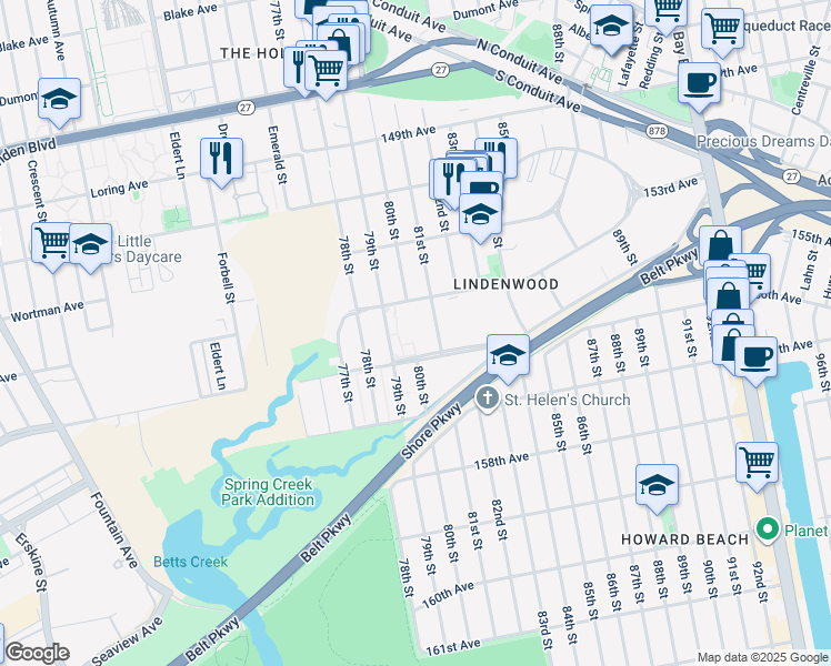 map of restaurants, bars, coffee shops, grocery stores, and more near 155-17 79th Street in Queens