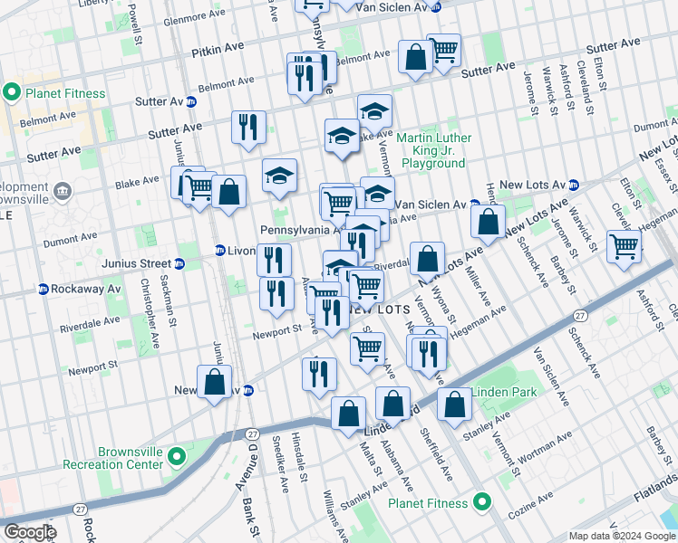 map of restaurants, bars, coffee shops, grocery stores, and more near 574 Granville Payne Avenue in Brooklyn