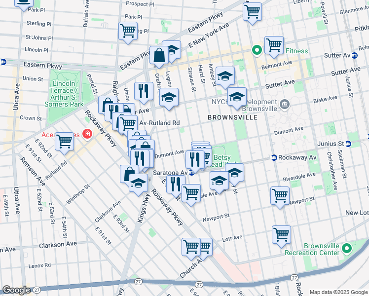 map of restaurants, bars, coffee shops, grocery stores, and more near 216 Legion Street in Brooklyn