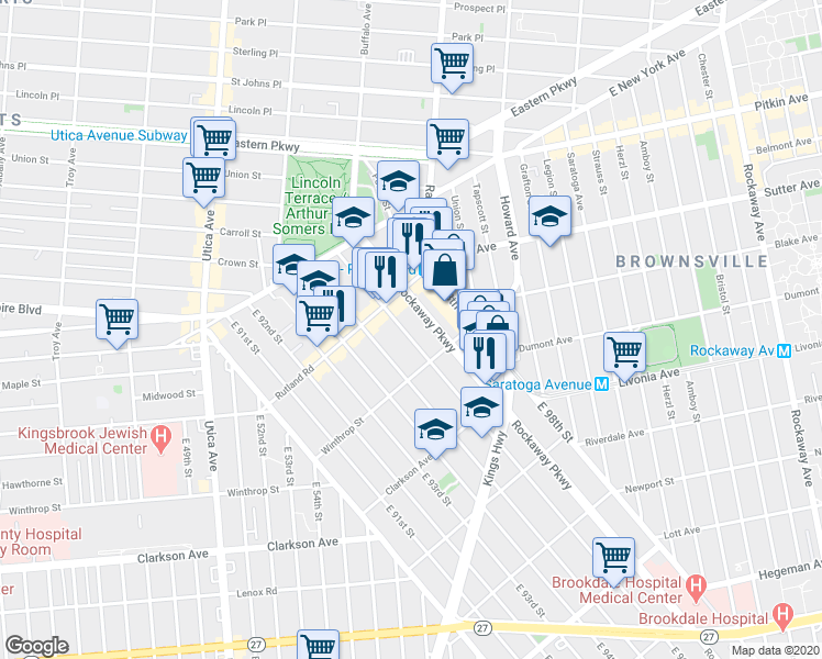 map of restaurants, bars, coffee shops, grocery stores, and more near 122 Rockaway Parkway in Brooklyn