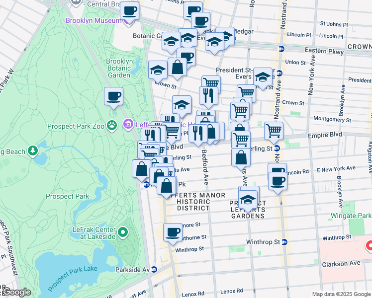 map of restaurants, bars, coffee shops, grocery stores, and more near 97 Empire Boulevard in Brooklyn