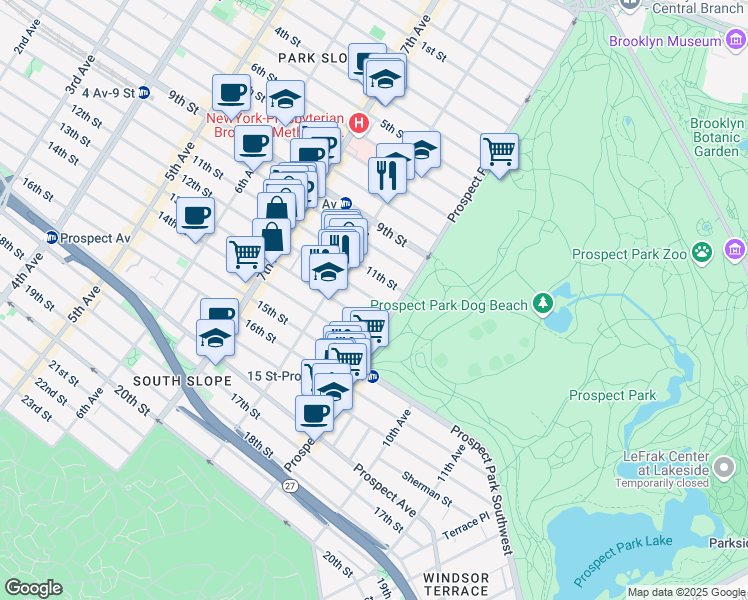 map of restaurants, bars, coffee shops, grocery stores, and more near 636 11th Street in Brooklyn