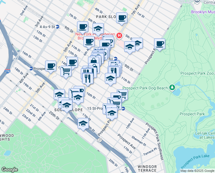 map of restaurants, bars, coffee shops, grocery stores, and more near 445 13th Street in Brooklyn