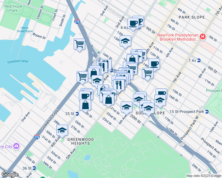 map of restaurants, bars, coffee shops, grocery stores, and more near 189 19th Street in Brooklyn