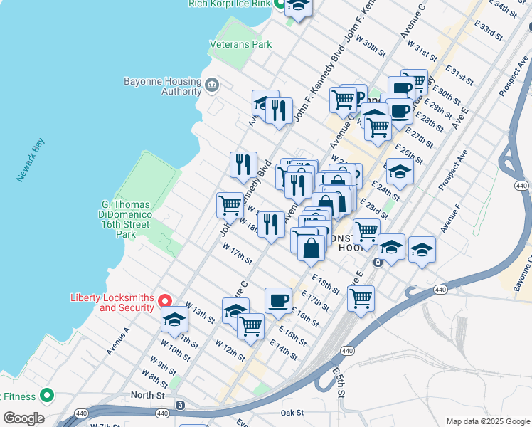 map of restaurants, bars, coffee shops, grocery stores, and more near 87 West 19th Street in Bayonne