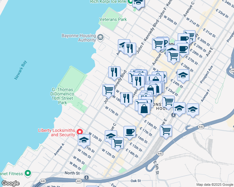 map of restaurants, bars, coffee shops, grocery stores, and more near 87 West 19th Street in Bayonne
