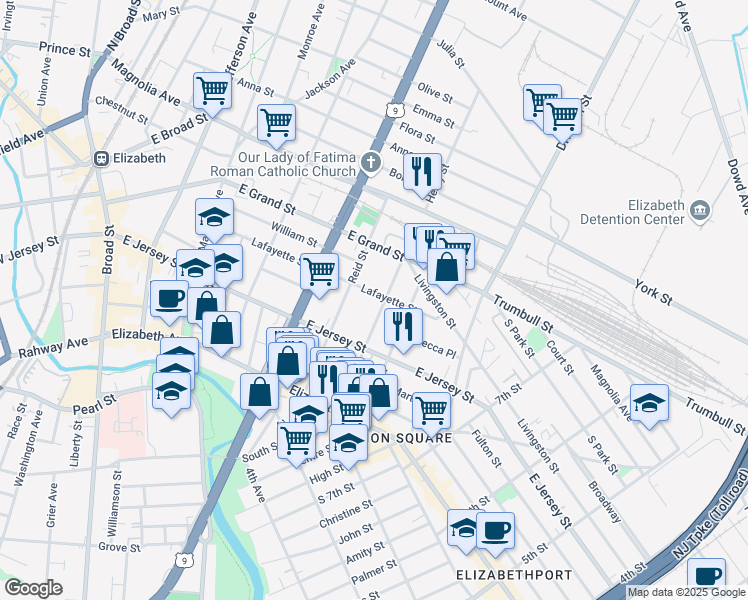 map of restaurants, bars, coffee shops, grocery stores, and more near 917 Lafayette Street in Elizabeth