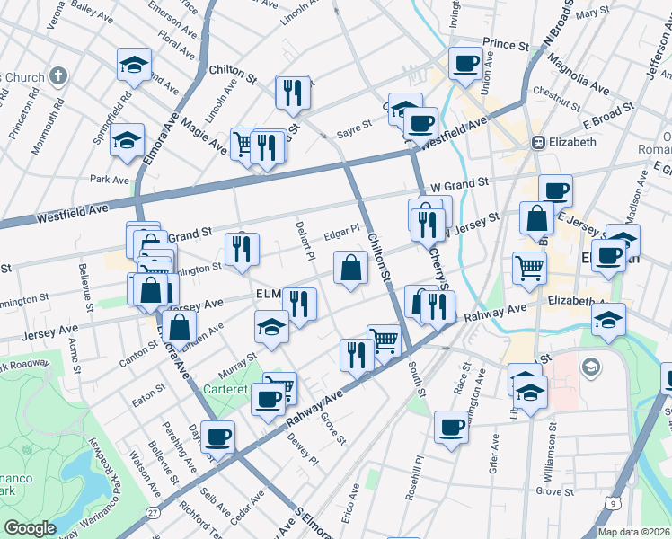 map of restaurants, bars, coffee shops, grocery stores, and more near 227 West Jersey Street in Elizabeth