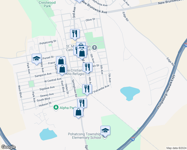 map of restaurants, bars, coffee shops, grocery stores, and more near 501 East Central Avenue in Phillipsburg