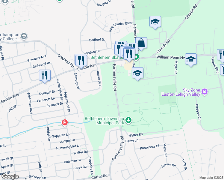 map of restaurants, bars, coffee shops, grocery stores, and more near 3213 Farmersville Road in Bethlehem