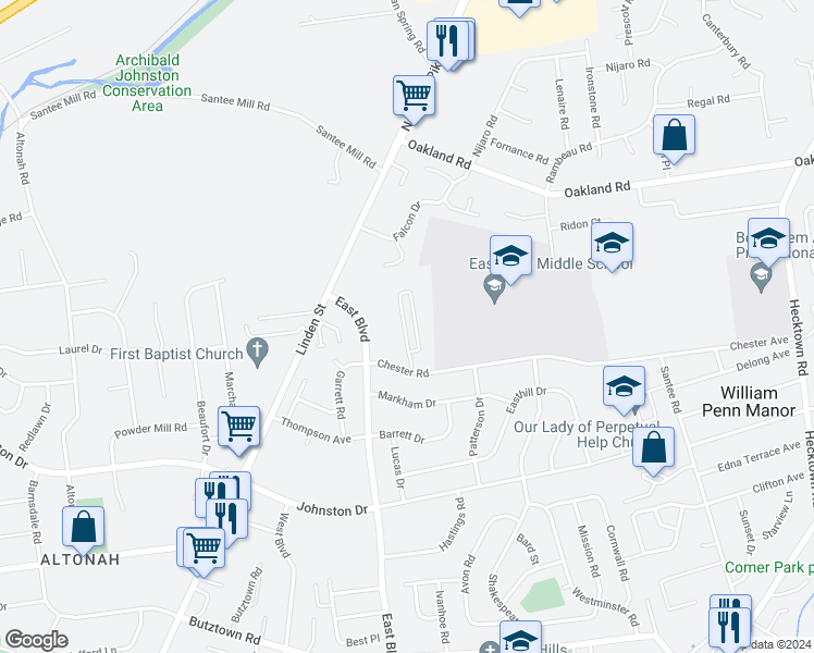 map of restaurants, bars, coffee shops, grocery stores, and more near 1749 Chester Road in Bethlehem