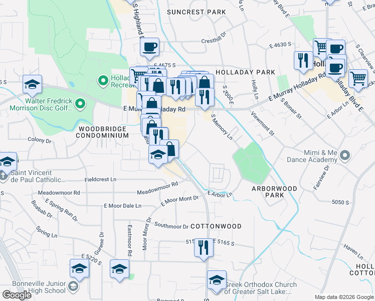 map of restaurants, bars, coffee shops, grocery stores, and more near 1920 East Rodeo Walk Drive in Holladay