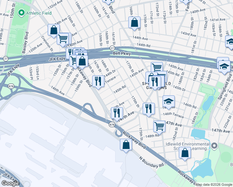 map of restaurants, bars, coffee shops, grocery stores, and more near 145-15 167th Street in Queens