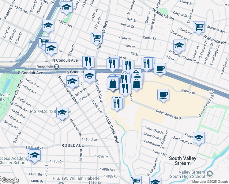 map of restaurants, bars, coffee shops, grocery stores, and more near 137-03 250th Street in Queens