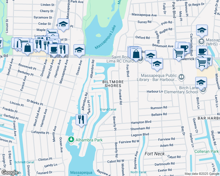 map of restaurants, bars, coffee shops, grocery stores, and more near 51 Biltmore Boulevard in Massapequa